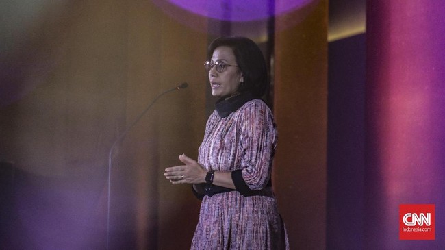 Menteri keuangan, Sri Mulyani Indrawati saat berpidato pada CNBC Awards 2019 di The Westin, Jakarta, Rabu, 4 Desember 2019. CNN Indonesia/Bisma Septalisma