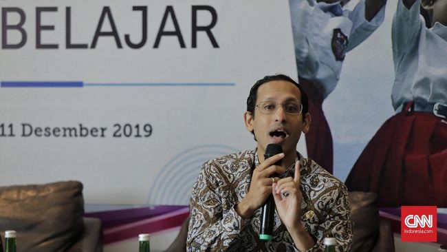 Menteri Pendidikan dan Kebudayaan (Mendikbud) Nadiem Anwar Makarim saat menyampaikan pokok kebijakan bidang pendidikan pada Rapat Koordinasi. Jakarta, Rabu, 11 Desember 2019. CNNIndonesia/Adhi Wicaksono.