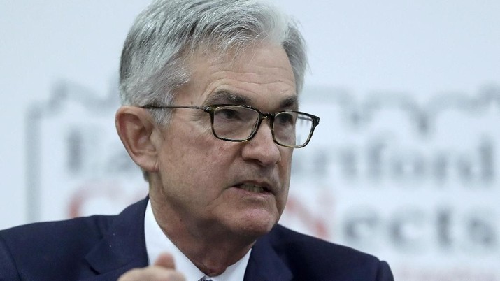 FILE - In this Nov. 25, 2019, file photo Federal Reserve Board Chair Jerome Powell addresses a round table discussion during a visit to Silver Lane Elementary School, in East Hartford, Conn. On Wednesday, Dec. 11, the Federal Reserve issues a statement and economic projections, followed by a news conference with Powell. (AP Photo/Steven Senne)