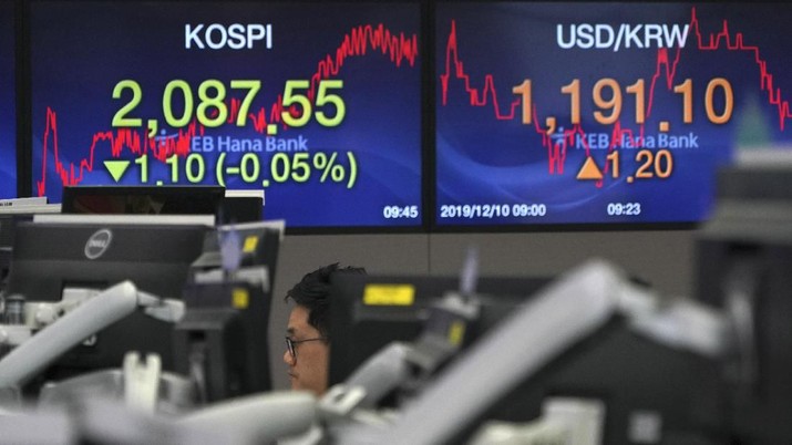 A currency trader walks by the screens showing the Korea Composite Stock Price Index (KOSPI), left, and the foreign exchange rate between U.S. dollar and South Korean won at the foreign exchange dealing room in Seoul, South Korea, Tuesday, Dec. 10, 2019. Asian stock markets have fallen as investors look ahead to interest rate decisions by U.S. and European central bankers and possible American tariff hike on Chinese imports.  (AP Photo/Lee Jin-man) - Rifan Financindo
