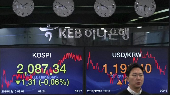 Bursa Korea (KOSPI). (AP Photo/Lee Jin-man) A currency trader walks by the screens showing the Korea Composite Stock Price Index (KOSPI), left, and the foreign exchange rate between U.S. dollar and South Korean won at the foreign exchange dealing room in Seoul, South Korea, Tuesday, Dec. 10, 2019. Asian stock markets have fallen as investors look ahead to interest rate decisions by U.S. and European central bankers and possible American tariff hike on Chinese imports. (AP Photo/Lee Jin-man) - Rifan Financindo