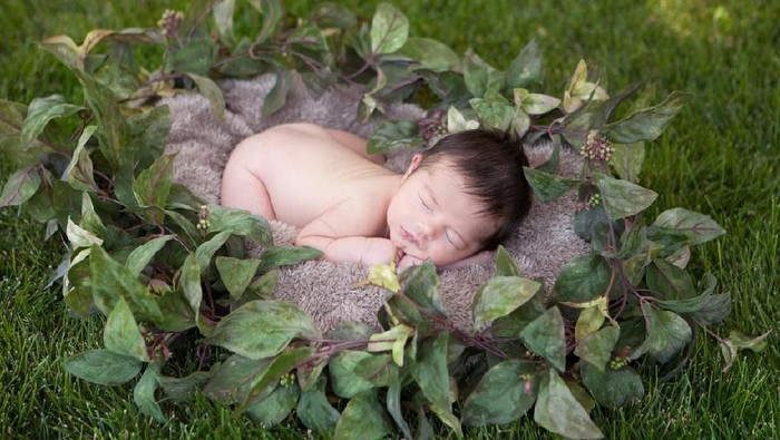 Newborn baby sleeping on brown fur blanket on grass.