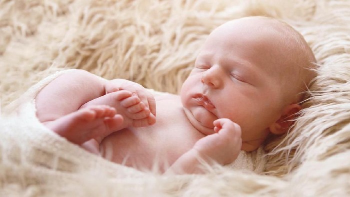A newborn baby boy, seven days old, is swaddled and laying in soft fur.