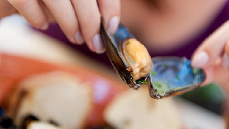 Close-up of woman eating mussel