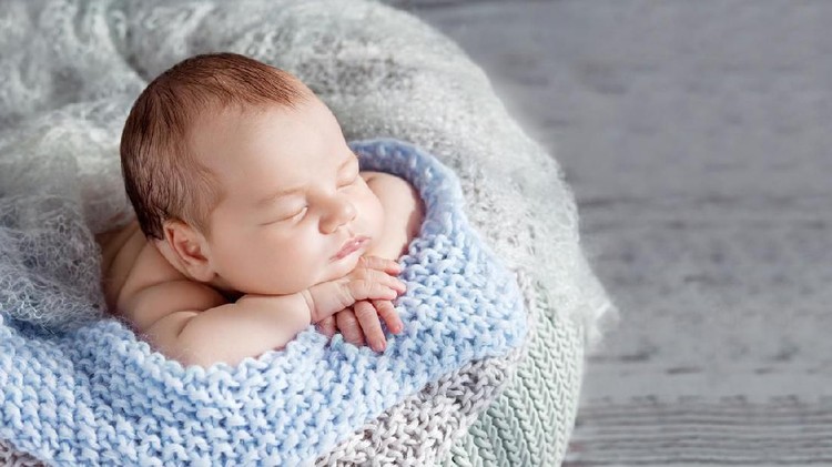 Sweet newborn baby sleeps.  Newborn boy folded handles  in a basket. Copyspace