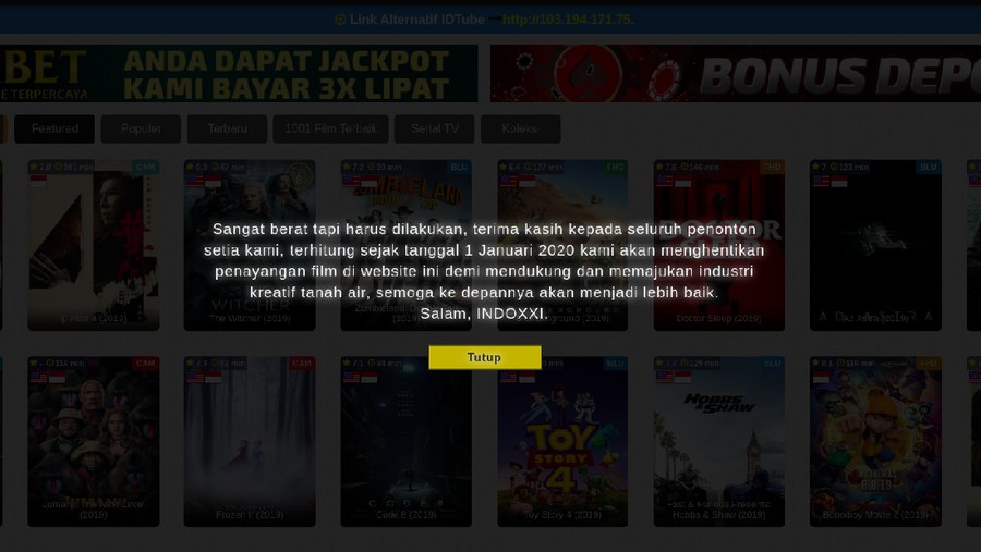 Daftar website streaming film online secara gratis pasca IndoXXI resmi ditutup pada 1 Januari 2020.
