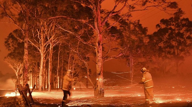 This timed-exposure image shows firefighters hosing down trees as they battle against bushfires around the town of Nowra in the Australian state of New South Wales on December 31, 2019. - Thousands of holidaymakers and locals were forced to flee to beaches in fire-ravaged southeast Australia on December 31, as blazes ripped through popular tourist areas leaving no escape by land. (Photo by Saeed KHAN / AFP)