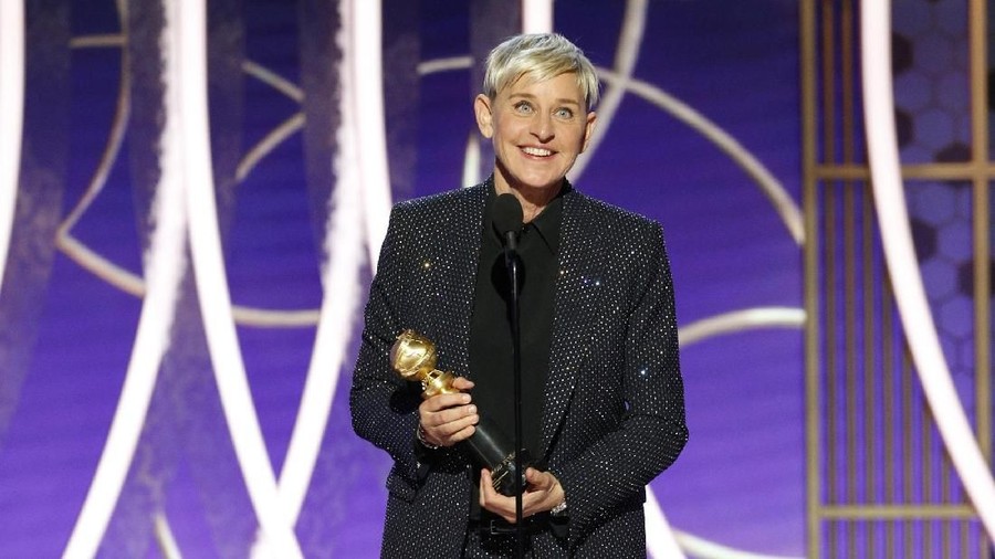 BEVERLY HILLS, CALIFORNIA - JANUARY 04: In this handout photo provided by NBCUniversal Media, LLC, Ellen DeGeneres accepts the CAROL BURNETT AWARD onstage during the 76th Annual Golden Globe Awards at The Beverly Hilton Hotel on January 5, 2020 in Beverly Hills, California. (Photo by Paul Drinkwater/NBCUniversal Media, LLC via Getty Images)