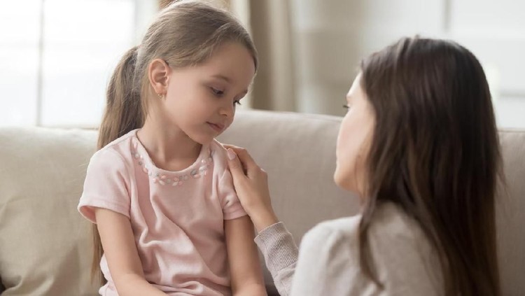 Loving worried mom psychologist consoling counseling talking to upset little child girl showing care give love support, single parent mother comforting sad small sullen kid daughter feeling offended