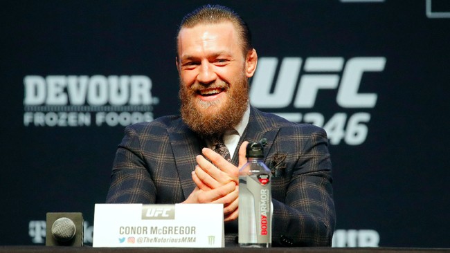 Conor McGregor speaks during a news conference for the UFC 246 mixed martial arts bout Wednesday, Jan. 15, 2020, in Las Vegas. McGregor is scheduled to fight Donald 
