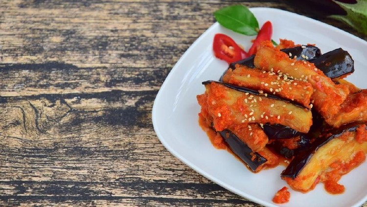 Terong Balado, Indonesian food. Fried eggplant with chili sauce