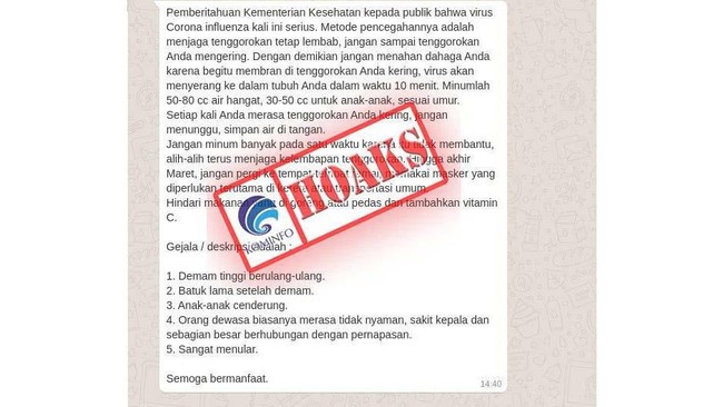Kemenkominfo menjabarkan daftar 19 hoaks terkait virus corona. Masyarakat diminta jangan termakan kabar tak 'jelas' yang beredar di media sosial.