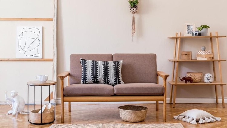 Stylish interior of living room. Beige and japandi concept. Modern home staging. Template.