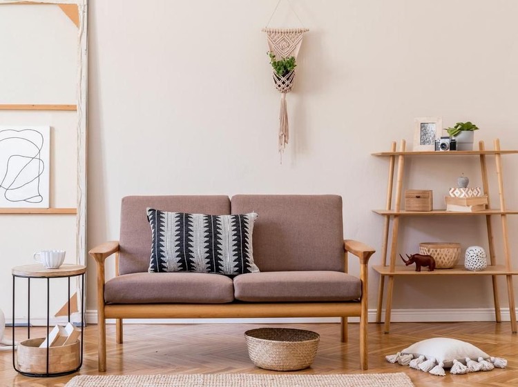 Rumah Minimalis Japandi Stylish interior of living room. Beige and japandi concept. Modern home staging. Template.