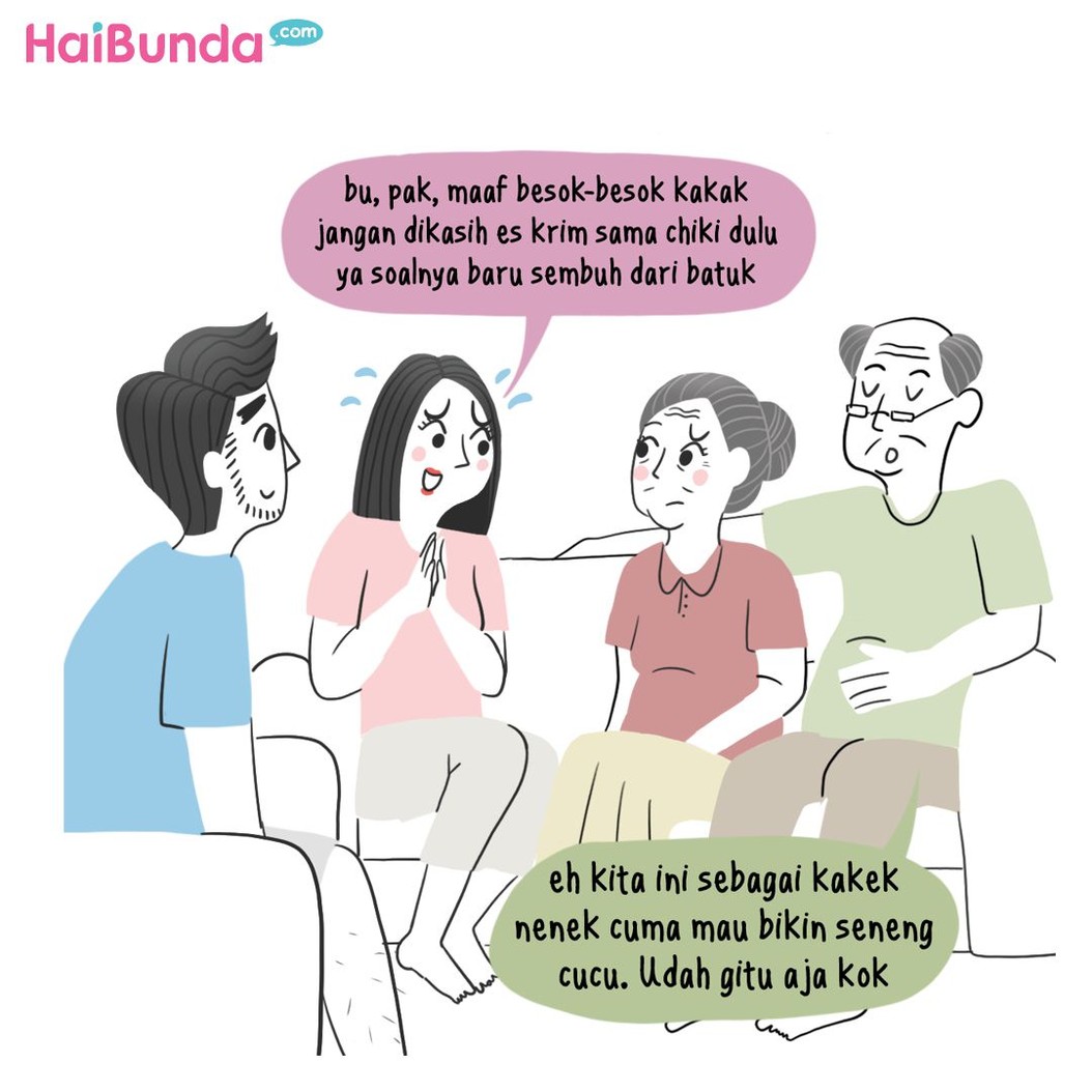 Pusingnya Bunda dan Ayah gara-gara kakek dan nenek kompak makan es krim dan chiki dengan si kakak.