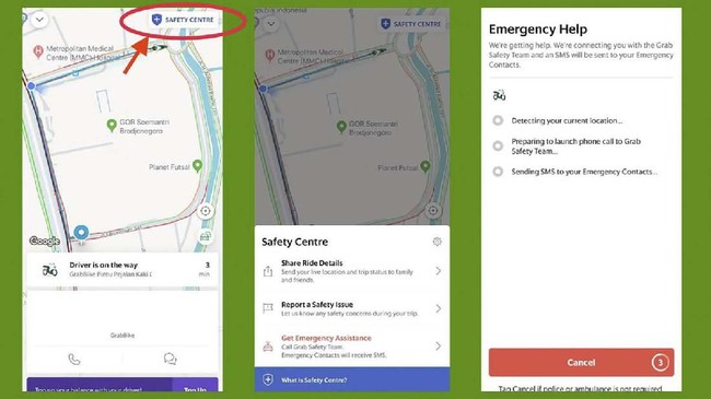 Grab telah melengkapi fitur tombol darurat (emergency button) dan juga menyediakan tiga daftar kontak darurat apabila penumpang sedang dalam keadaan darurat.