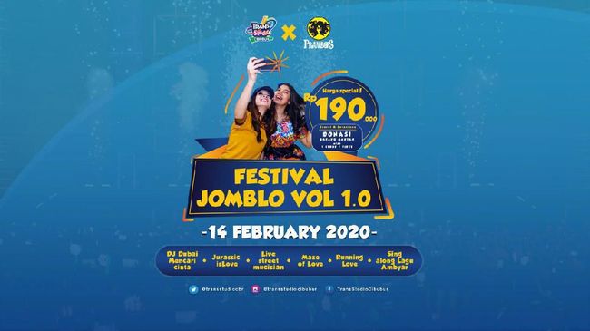 Cukup dengan membayar Rp190 ribu, kamu sudah bisa main di semua wahana dan seru-seruan di acara Festival Jomblo Vol. 1.0 di Trans Studio Cibubur.