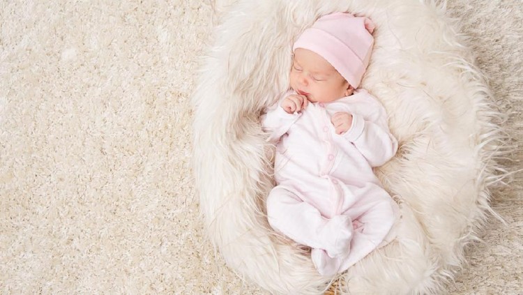 1148625019 Sleeping New Born Baby, Newborn Kid Sleep on White Fur, Beautiful Infant Studio Portrait, One month old