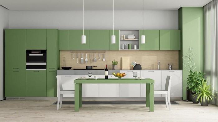 Green and white modern kitchen with dining table - 3d rendering
Note: the room does not exist in reality, Property model is not necessary