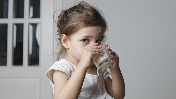 Caucasian toddler girl is drinking milk in living room.