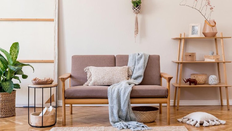 Design scandinavian home interior of living room.Beige wall. Modern home staging. Template. Japandi.