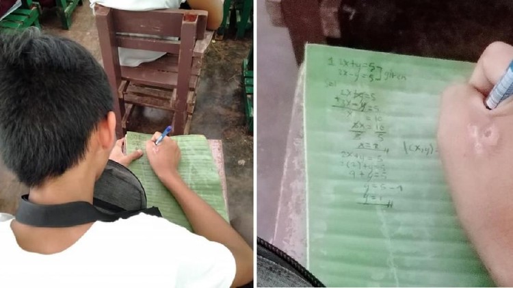 Seorang anak menulis di daun pisang di sekolah karena tak mampu beli buku tulis. Kisah viral ini membuatnya mendapat banyak bantuan, Bun.