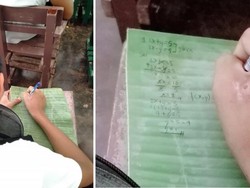 Sedih! Tak Mampu Beli Buku, Anak Ini Menulis Pakai Daun Pisang