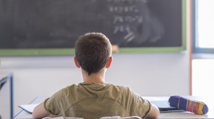 Daily day in a class room at school. Child attending to the lesson on the blackboard