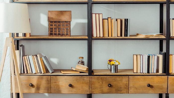 Bookshelf, armchair and sofa in living room