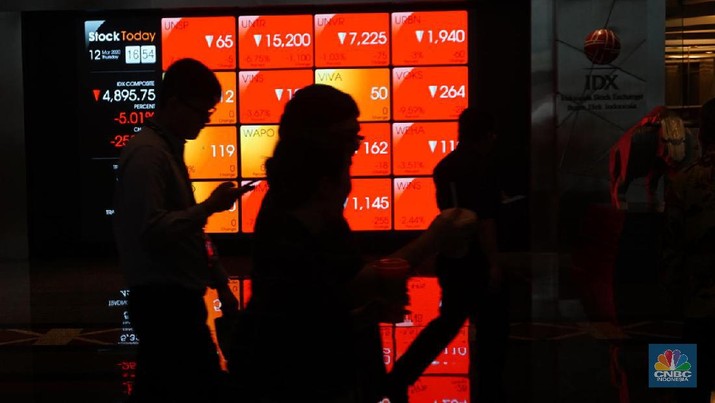 IHSG Bursa Efek Indonesia. Pengunjung melintas di depan layar pergerakan saham di Bursa Efek Indonesia, Kamis, 12 Maret 2020. Indeks Harga Saham Gabungan (IHSG) anjlok 5,01% ke 4.895,75. Perdagangan saham di Bursa Efek Indonesia (BEI) dihentikan sementara (trading halt) setelah Harga tersebut ke 4.895,75 terjadi pada pukul 15.33 WIB. (CNBC Indonesia/Muhammad Sabki)