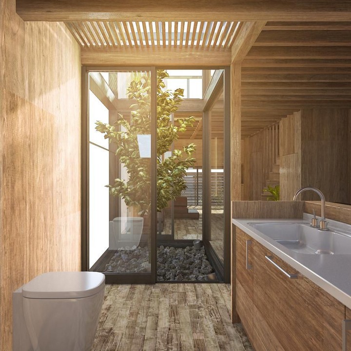 Untuk kamar mandi, kita bisa tetap menggunakan unsur kayu dengan pintu kaca untuk membiarkan matahari masuk. (Foto: iStock)