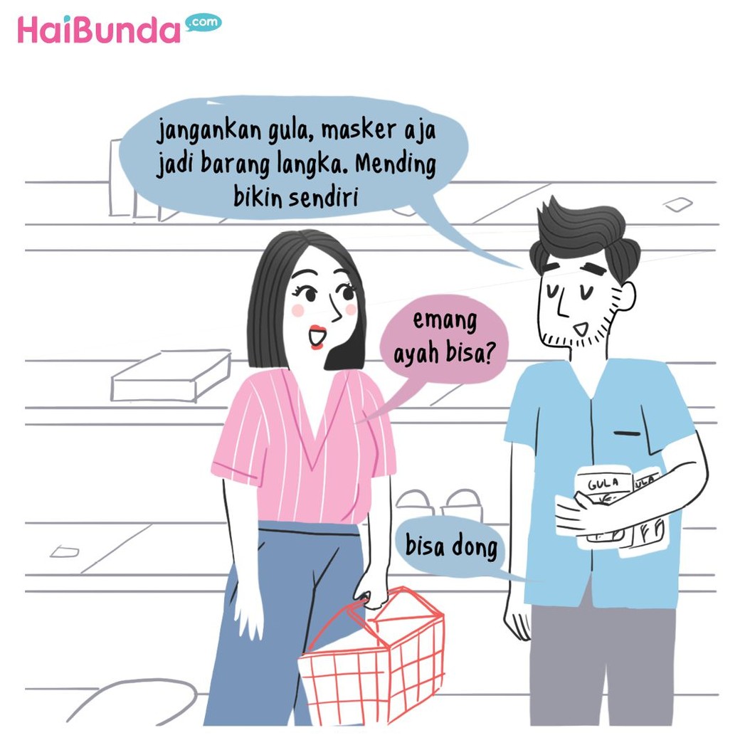 Mulai dari masker sampai stok makanan terkait virus corona dialami Bunda, Kakak, dan Ayah di komik ini.