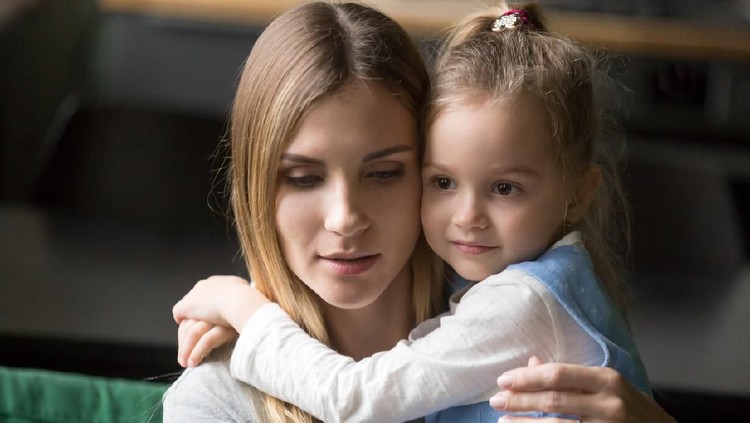Little cute preschool girl embracing tired, upset mother, single mum with daughter, support, compassion, care, help, say sorry, good relationships of mum and child, motherhood
