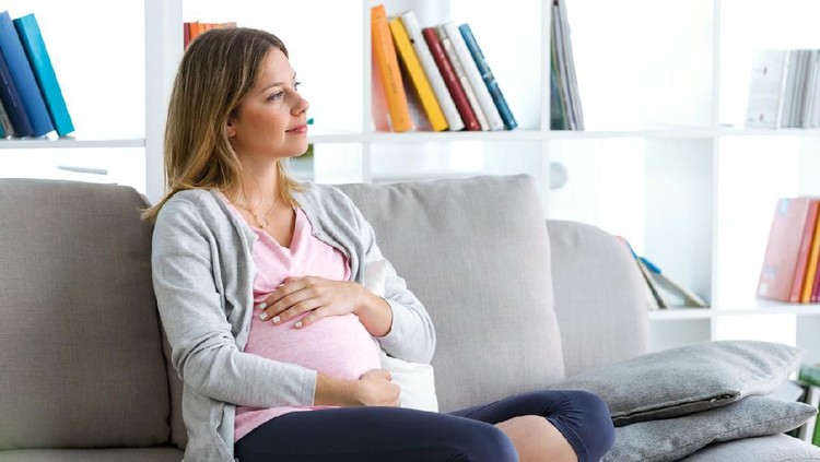 Portrait of beautiful pregnant woman relaxing on the sofa at home