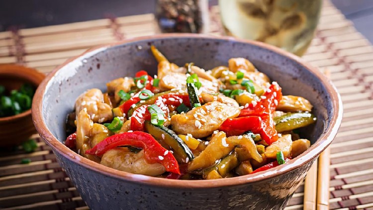 Stir fry chicken, zucchini, sweet peppers and green onion. Asian cuisine