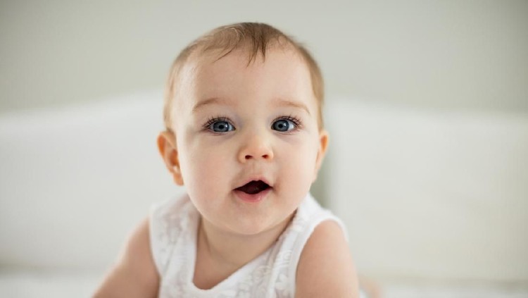 Adorable little baby boy, playing with toy, looking curiously at camera