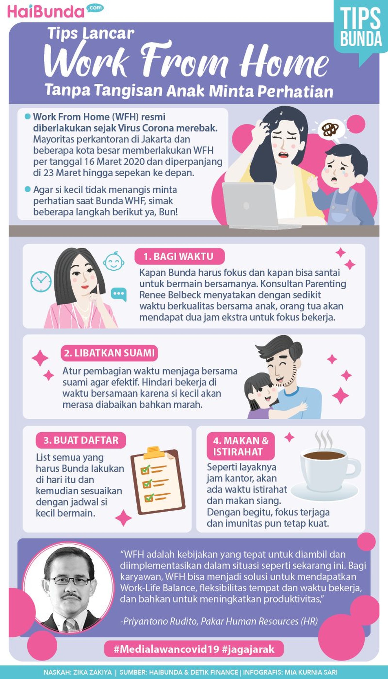 Tips Lancar Work From Home Tanpa Tangisan Anak Minta Perhatian Work From Home (WFH) diterapkan pada 16 Maret hingga sepekan ke depan akibat Corona. Agar anak tak menangis minta perhatian saat Bunda WHF, simak tipsnya.