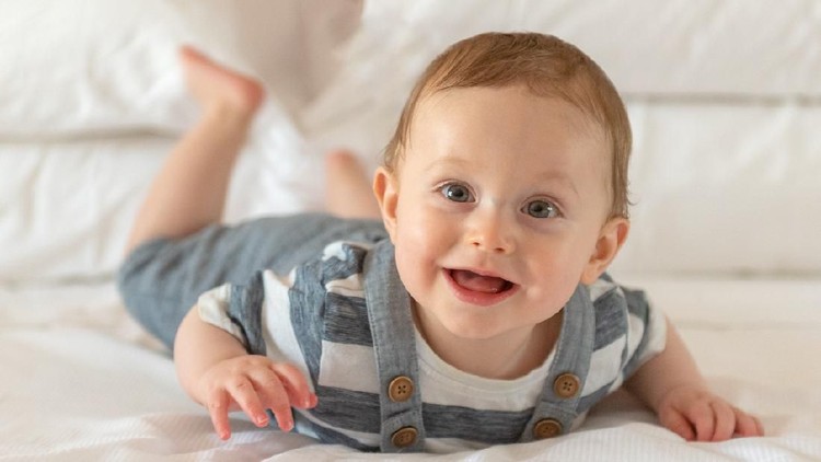 Adorable little baby boy, playing with toy, looking curiously at camera