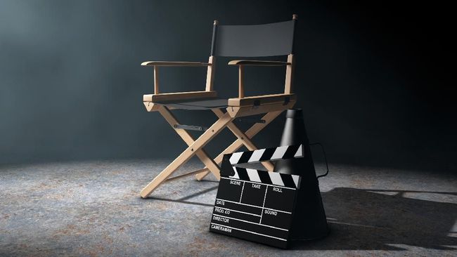 Director Chair, Movie Clapper and Megaphone in the volumetric light on a black background. 3d Rendering