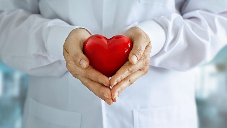 ilustrasi dokter memegang simbol hati Doctor with stethoscope and red heart shape in hands on hospital background