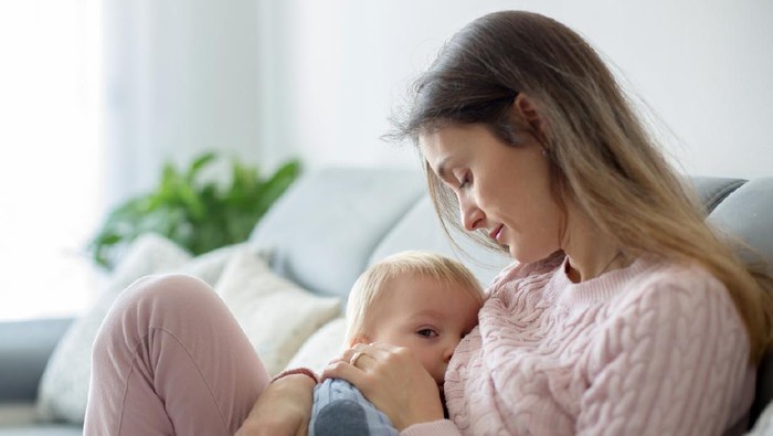 Young mother, holding her sick toddler boy, breastfeeding him at home, sunny living room
