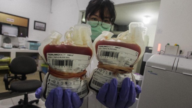 Petugas menunjukkan kantong darah di laboratorium PMI Palangkaraya, Kalimantan Tengah, Selasa (2/4/2020). Menurut petugas stok darah di Palangkaraya mengalami penurunan hingga 50 persen dari 1.300 menjadi 650 per bulan akibat Kejadian Luar Biasa (KLB) wabah COVID-19. ANTARA FOTO/Makna Zaezar/foc.