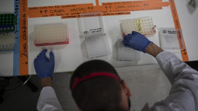A technician handles samples before testing them for the COVID-19 virus at the microbiology lab of the Germans Trias i Pujol hospital in Badalona, Barcelona province, Spain, Wednesday, April 1, 2020. The new coronavirus causes mild or moderate symptoms for most people, but for some, especially older adults and people with existing health problems, it can cause more severe illness or death. (AP Photo/Felipe Dana)