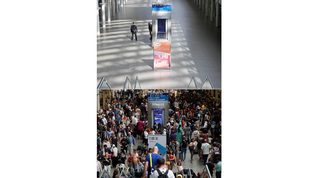 A combo of images shows people milling around at St Pancras International train station, in London on Friday, July 26, 2019 and the empty scene taken from the same angle on Thursday, April 2, 2020. When Associated Press photographer Frank Augstein moved to London in 2015, what struck him most was the crowds. Augstein revisited in recent days many of sites he has photographed, after Britain — like other countries around the world — went into effective lockdown to stem the spread of the new coronavirus. (AP Photo/Frank Augstein)