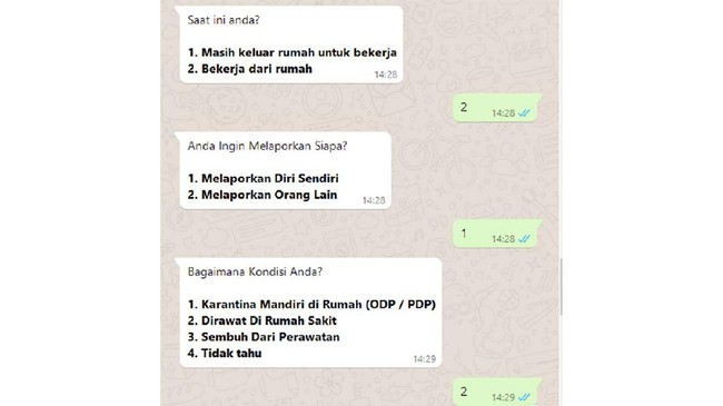 Situs dan chatbot bernama LaporCovid-19 dalam aplikasi WhatsApp dan Telegram dapat membatu warga melaporkan paparan corona di wilayahnya.