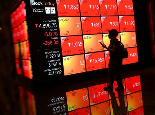 Warga mengamati layar yang menampilkan infornasi pergerakan harga saham di Bursa Efek Indonesia (BEI), Jakarta, Kamis (12/3/2020). BEI melakukan pembekuan sementara perdagangan ('trading halt') pada sistem perdagangan di bursa efek pada Kamis (12/3)
