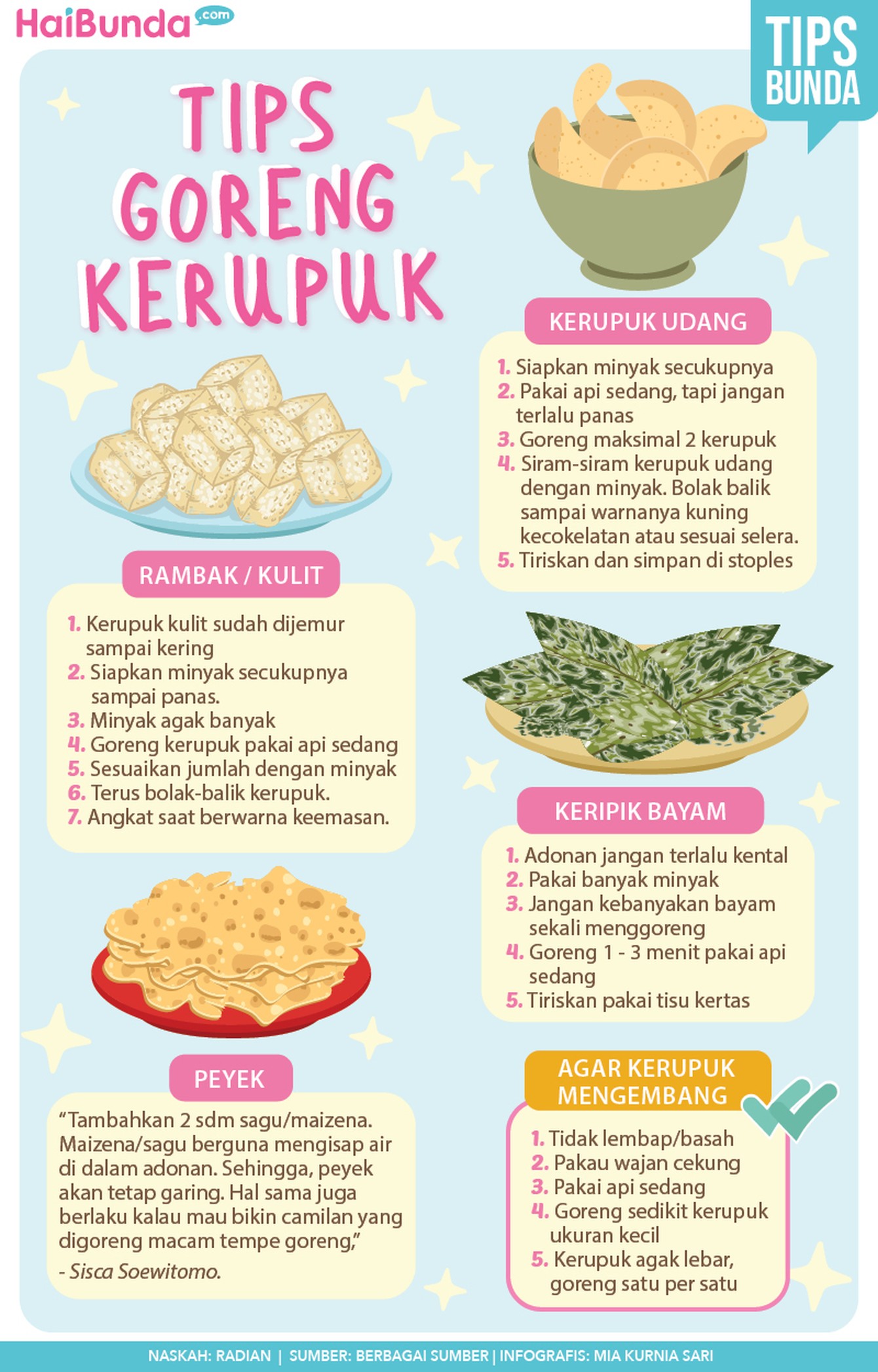 Kerupuk menjadi pelengkap makan wajib bagian sebagian besar masyarakat Indonesia. Nah Bun, simak yuk tip menggoreng kerupuk supaya mengembang dan kriuk.