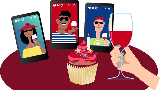 Person having a birthday party with friends via video chat, EPS 8 vector illustration