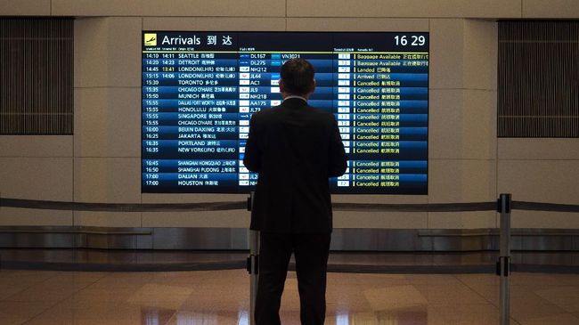 A driver looks at an arrivals board after most incoming flights have been canceled due to the new coronavirus at the Haneda International Airport in Tokyo, Friday, April 3, 2020. (AP Photo/Jae C. Hong)