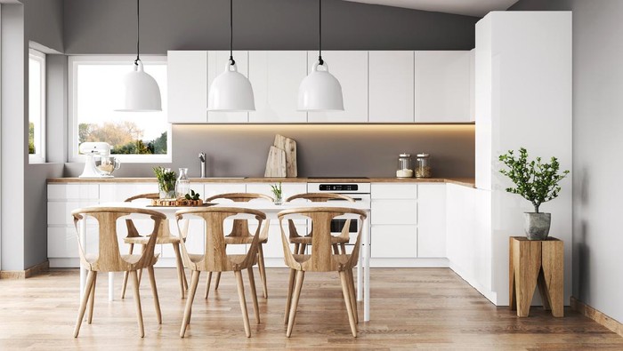 Typical Scandinavian style kitchen interior design. ( 3d render )